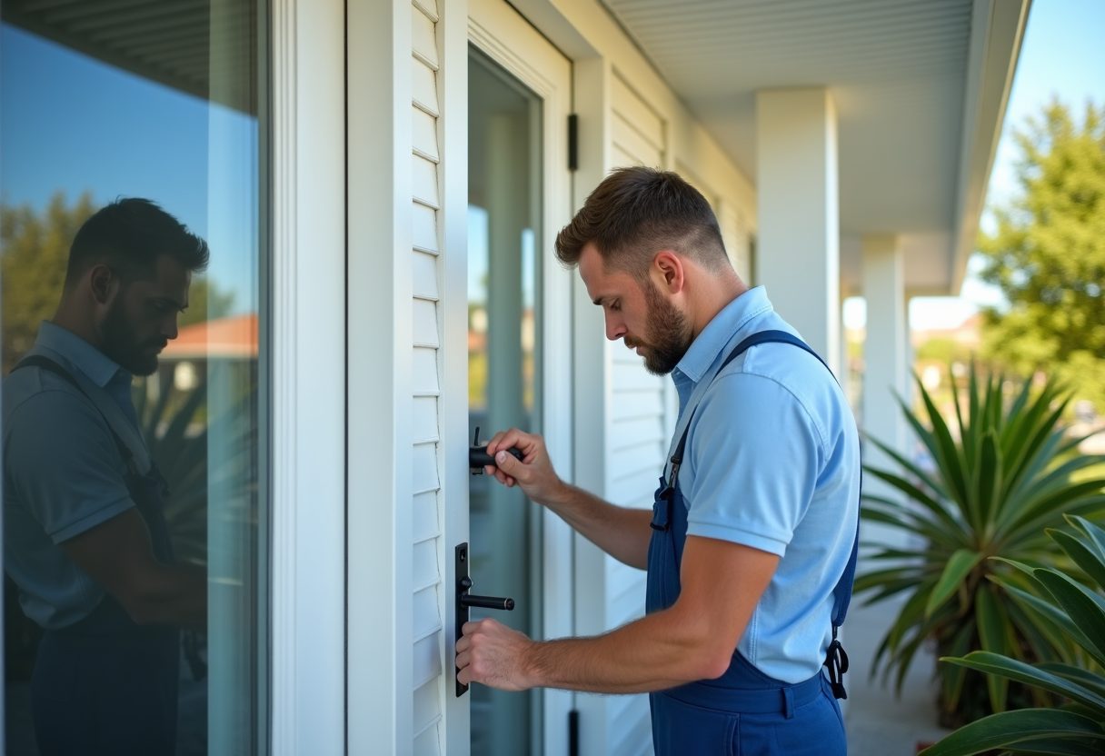 Locksmith fitting a new lock to a coastal cottage door — Kings Park